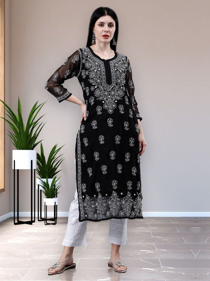 Black-Georgette-Embroidered-Chikankari-Kurti-With-Slip