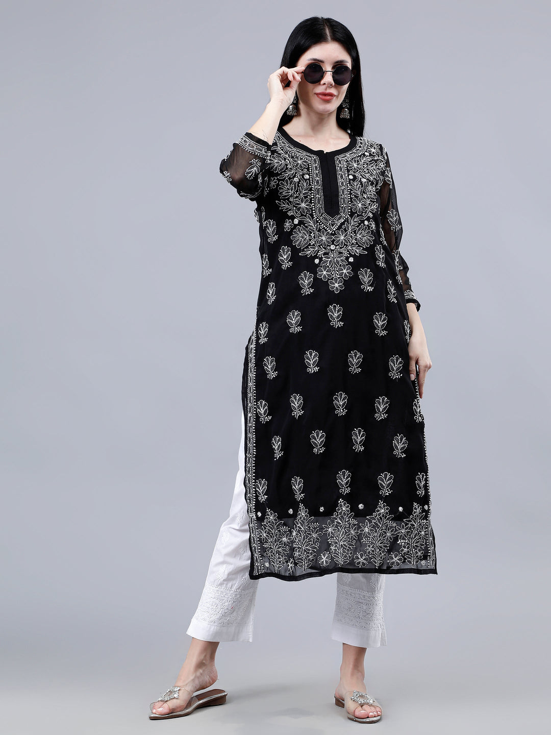 Black-Georgette-Embroidered-Chikankari-Kurti-With-Slip