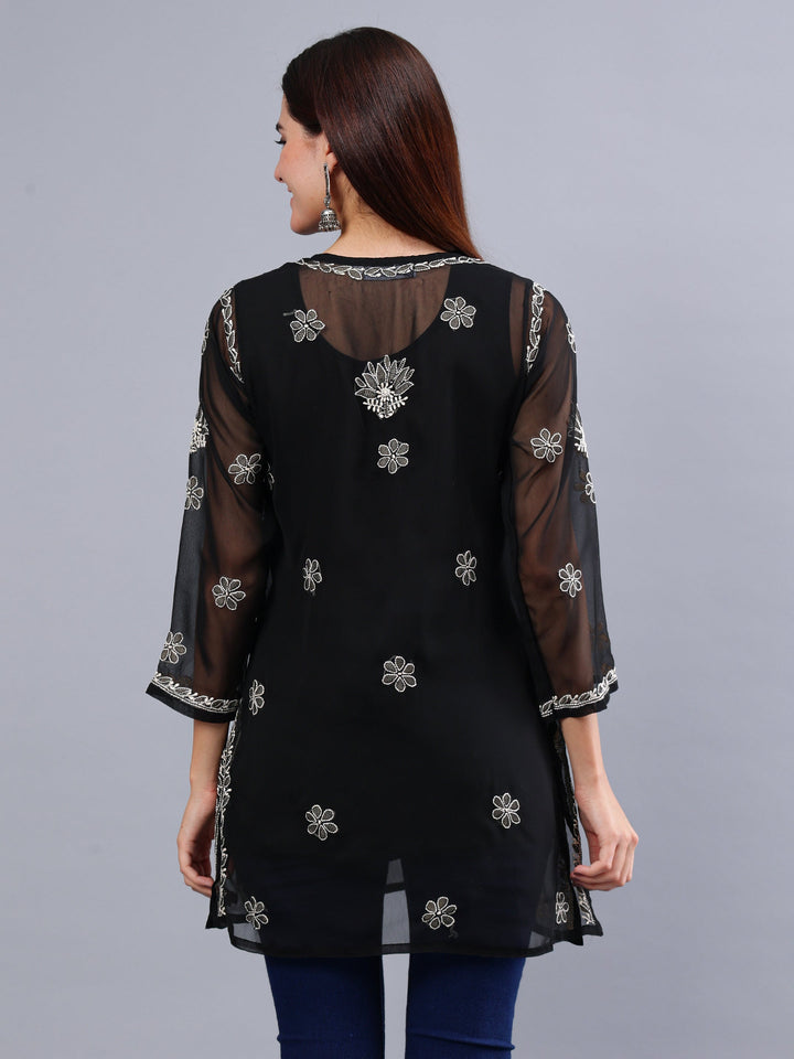Black-Georgette-Embroidered-Chikankari-Short-Tunic-with-Slip