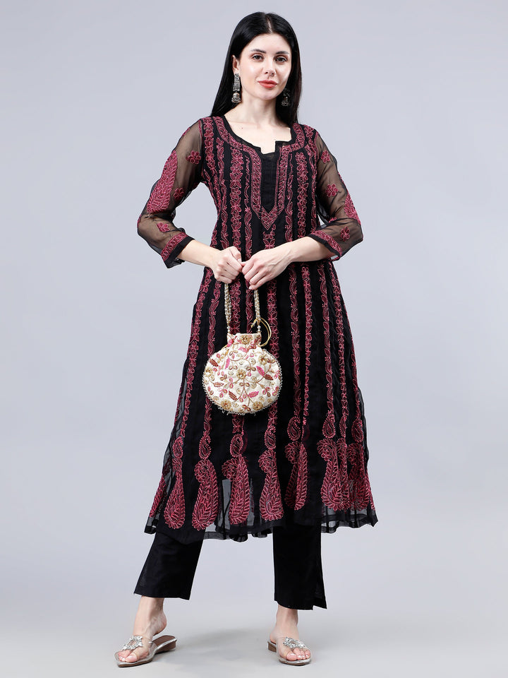 Black-Georgette-Embroidery-Chikankari-Kurti-With-Slip