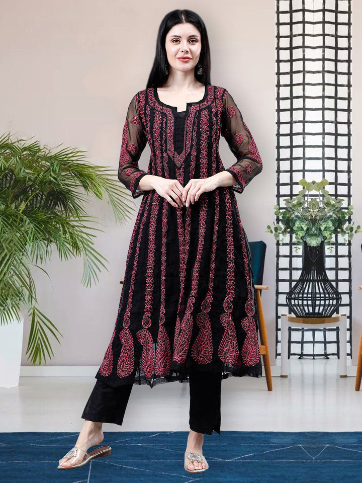 Black-Georgette-Embroidery-Chikankari-Kurti-With-Slip