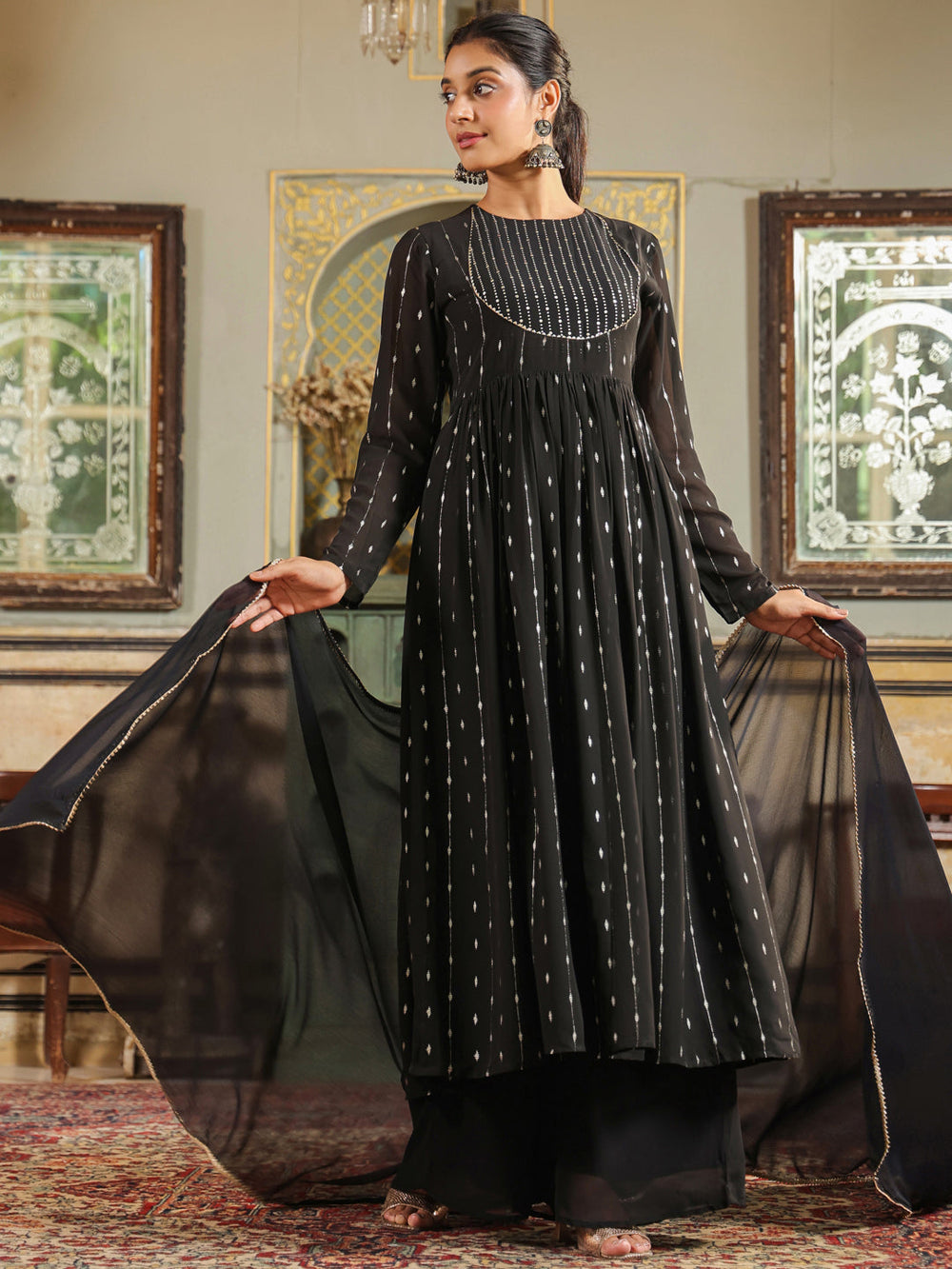 Black-Georgette-Foil-Print-3-Piece-Kurta-Set