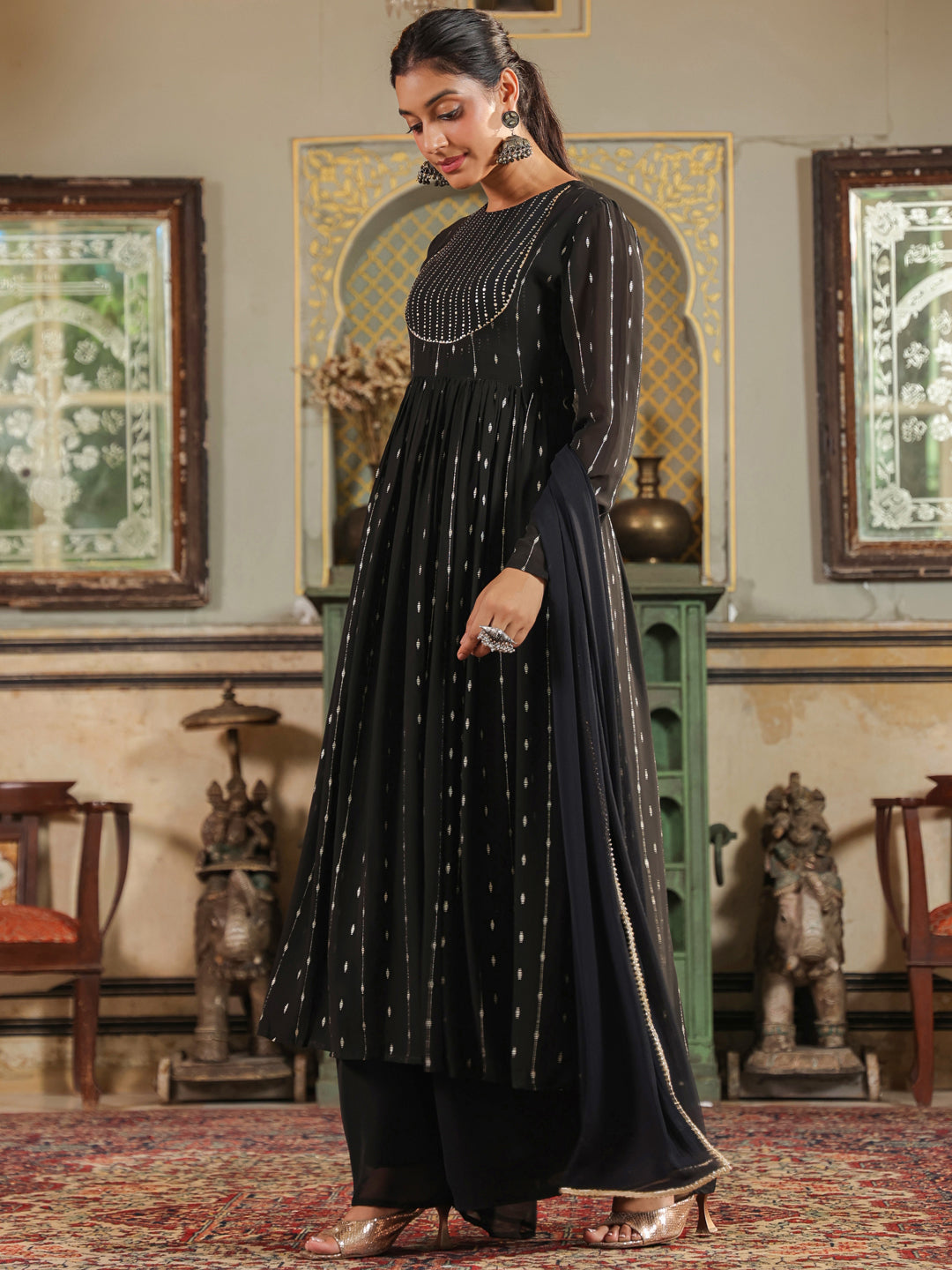 Black-Georgette-Foil-Print-3-Piece-Kurta-Set