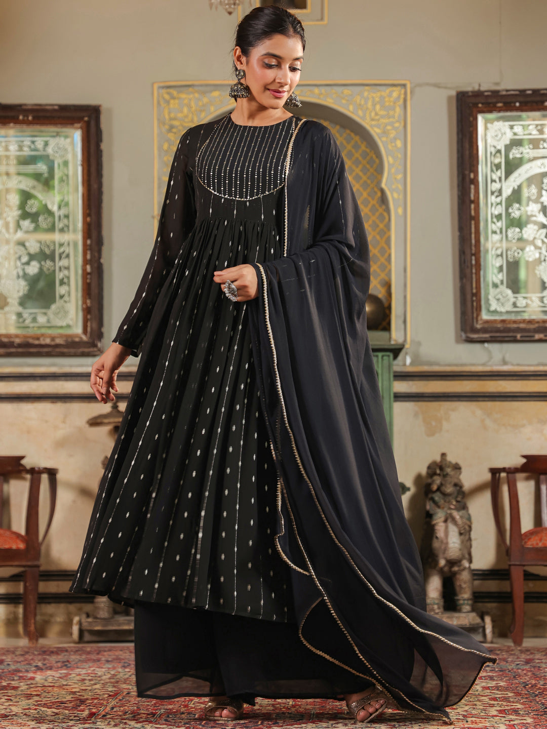 Black-Georgette-Foil-Print-3-Piece-Kurta-Set