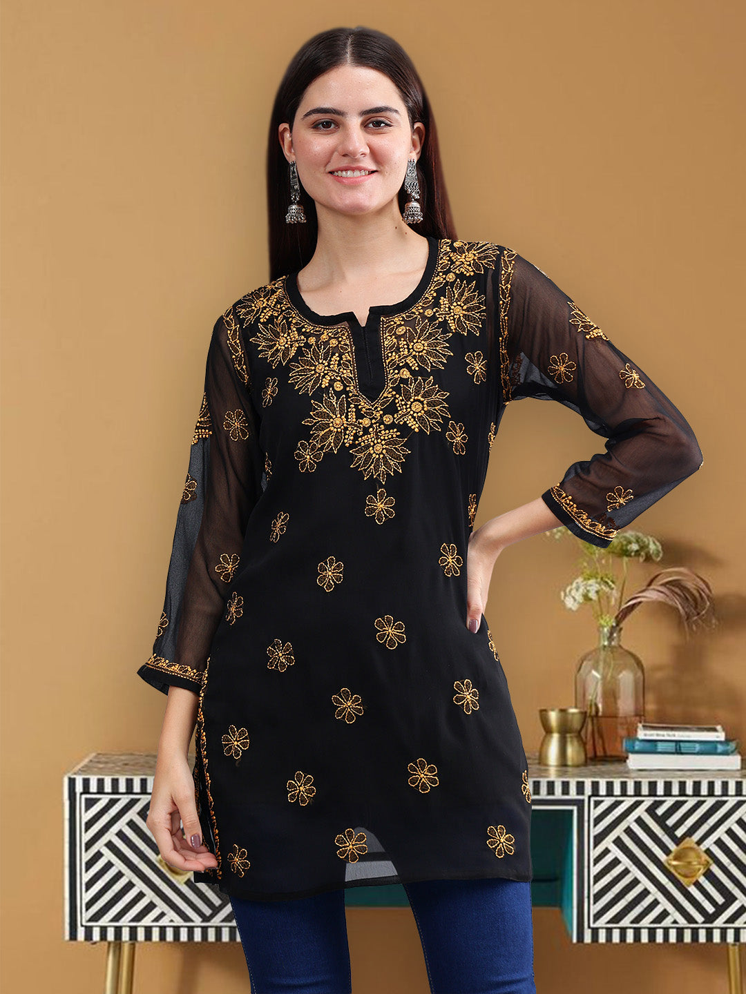 Black-Georgette-Hand-Embroidered-Chikankari-Short-Tunic-with-Slip