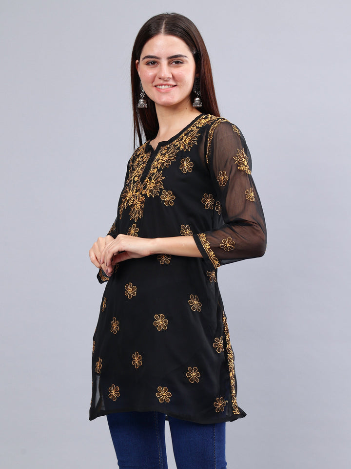 Black-Georgette-Hand-Embroidered-Chikankari-Short-Tunic-with-Slip