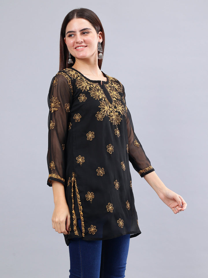 Black-Georgette-Hand-Embroidered-Chikankari-Short-Tunic-with-Slip