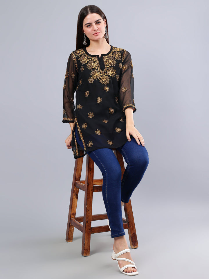 Black-Georgette-Hand-Embroidered-Chikankari-Short-Tunic-with-Slip