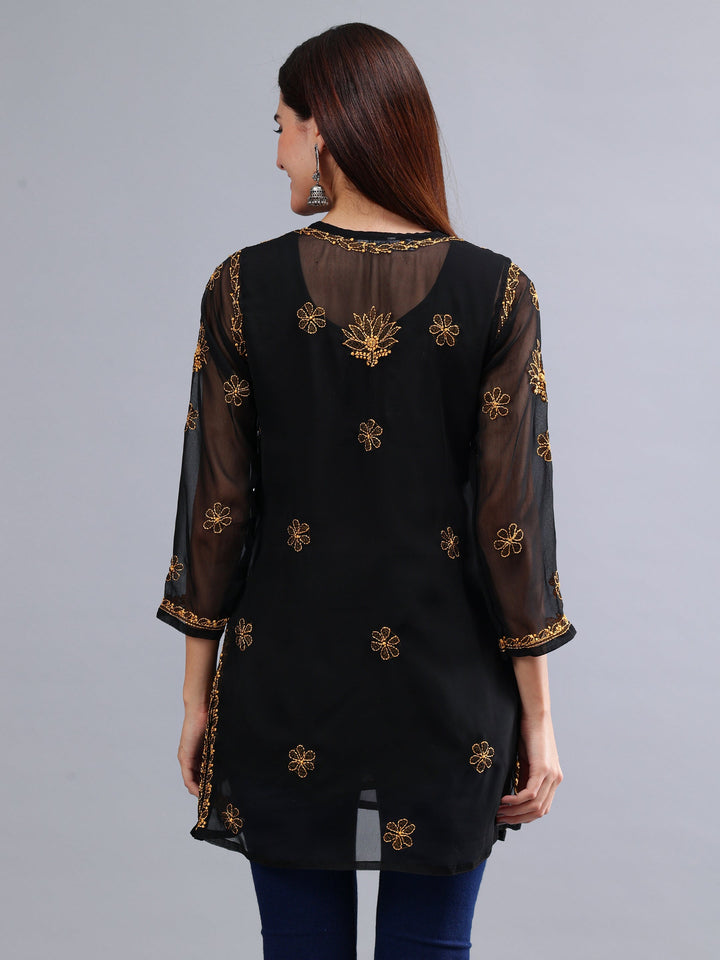 Black-Georgette-Hand-Embroidered-Chikankari-Short-Tunic-with-Slip