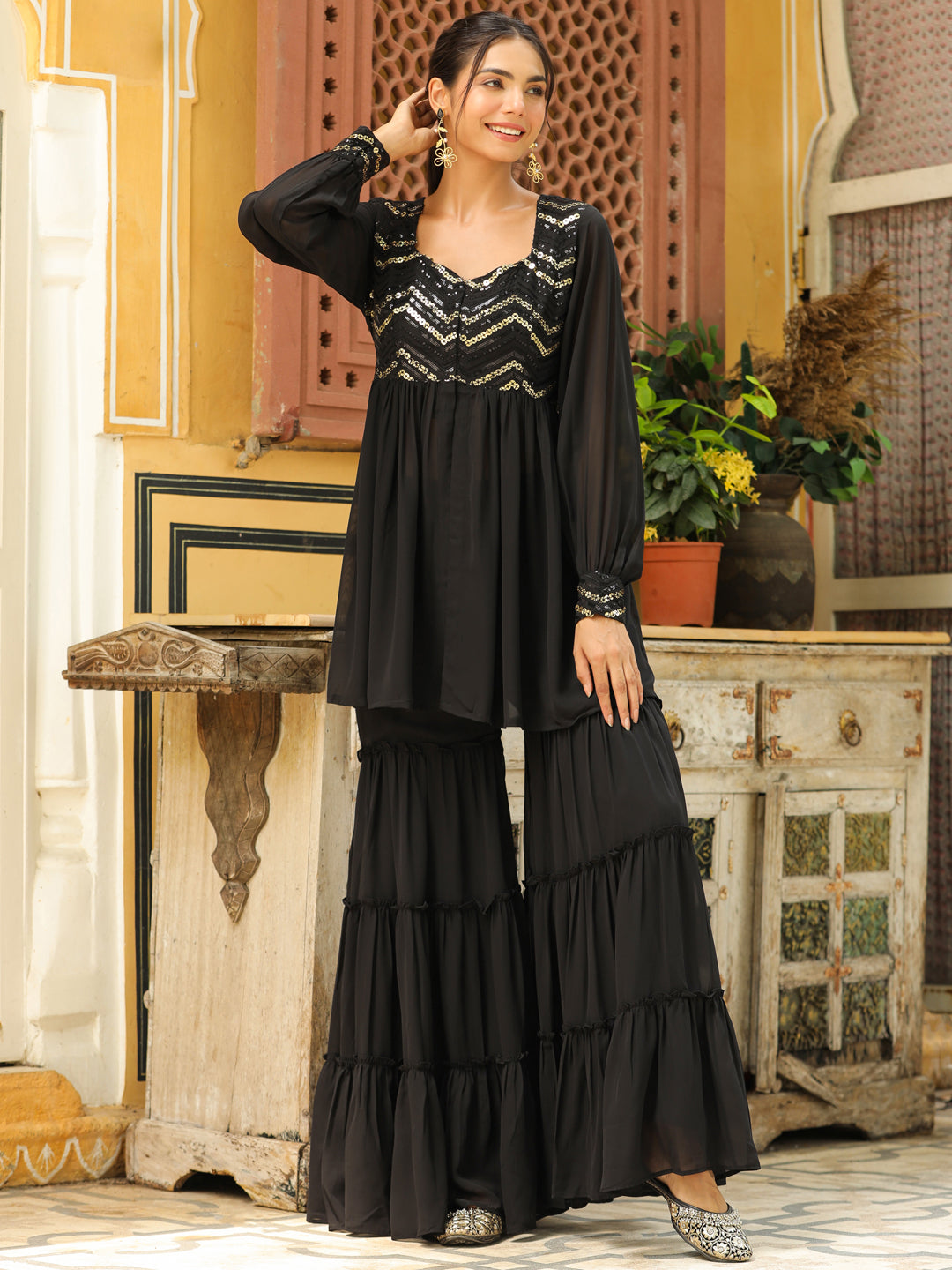 Black-Georgette-Sequined-Sweetheart-Neck-Sharara-Set