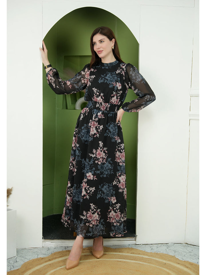 Black-Georgette-Shimmer-Black-Floral-Maxi-Dress