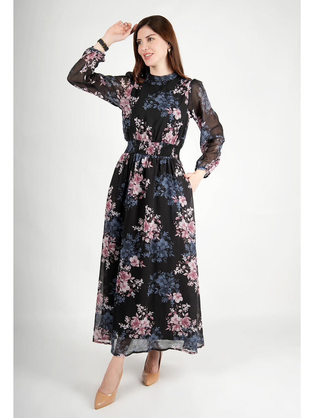 Black-Georgette-Shimmer-Black-Floral-Maxi-Dress