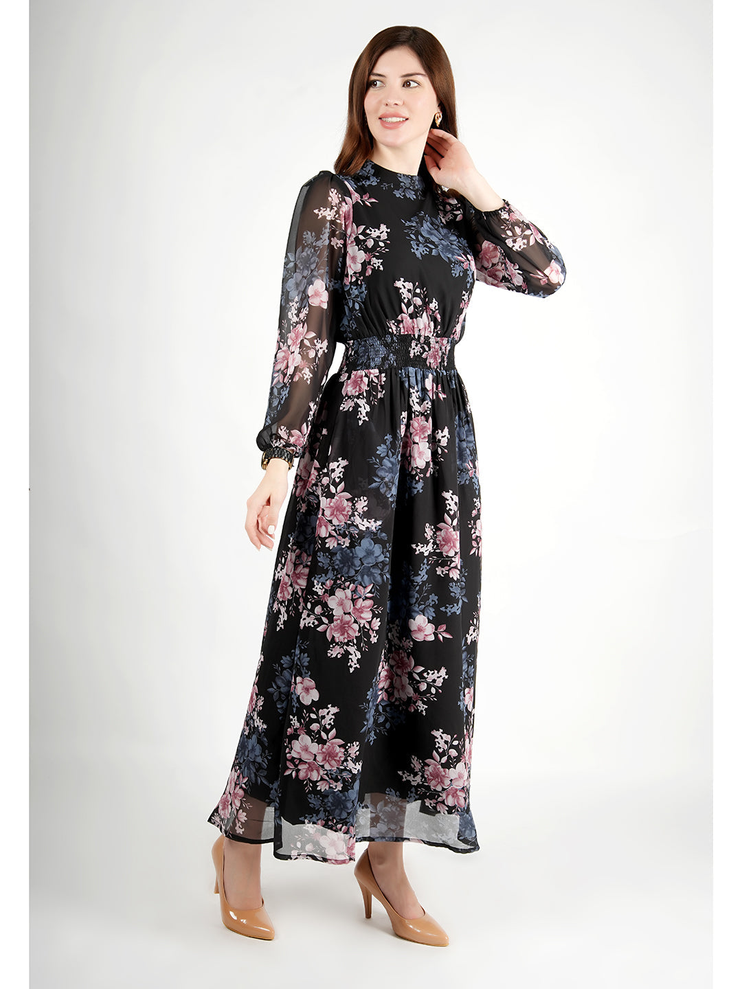 Black-Georgette-Shimmer-Black-Floral-Maxi-Dress