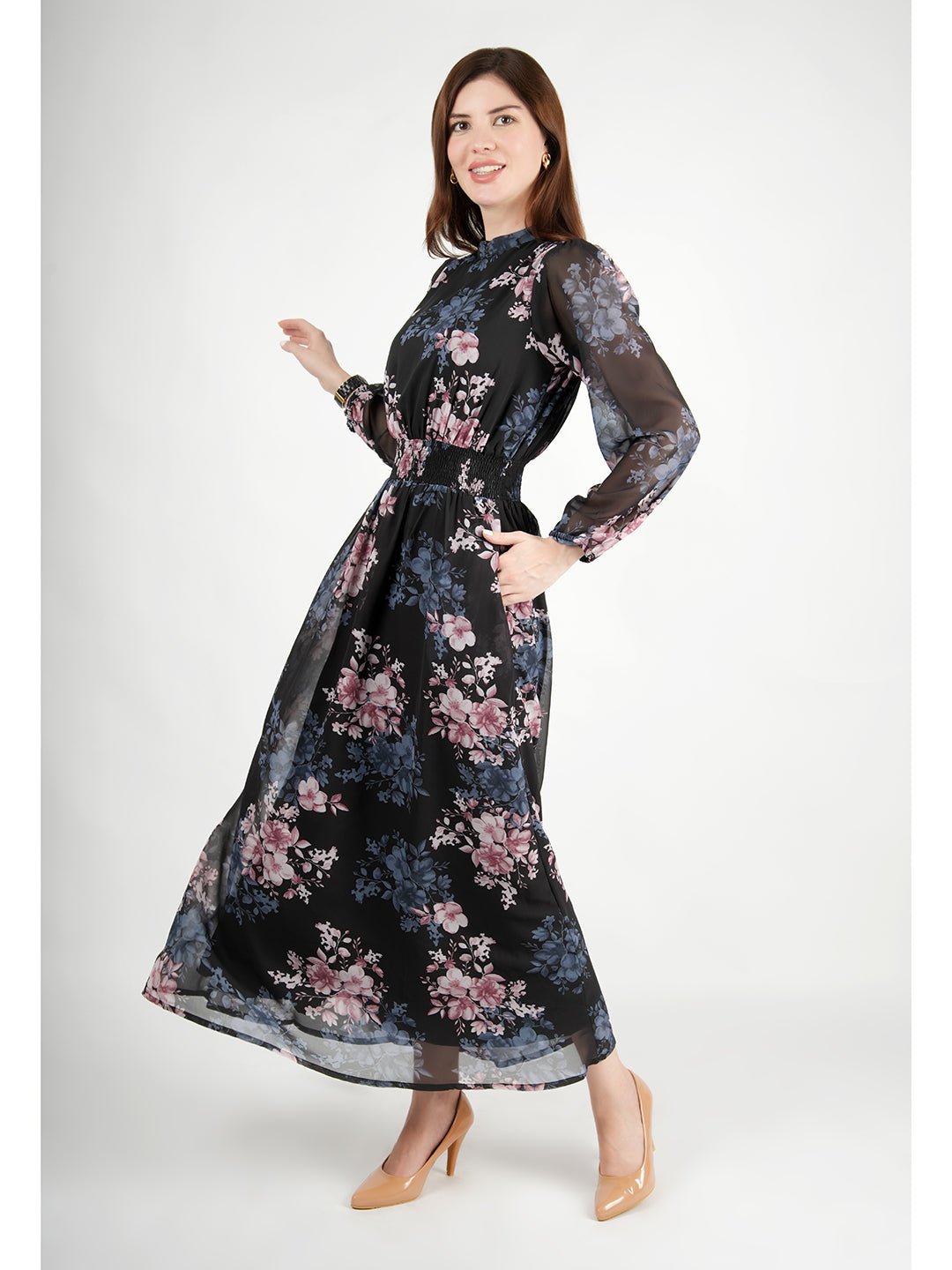 Black-Georgette-Shimmer-Black-Floral-Maxi-Dress