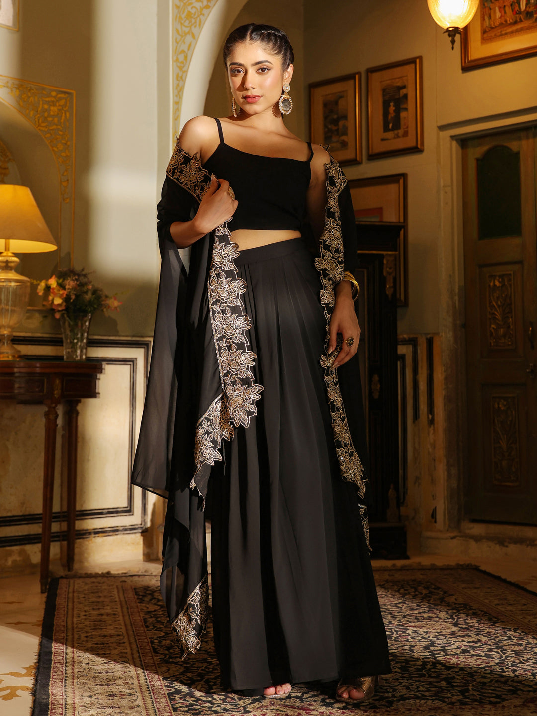 Black-Georgette-Solid-Sleeveless-Lehenga-Set