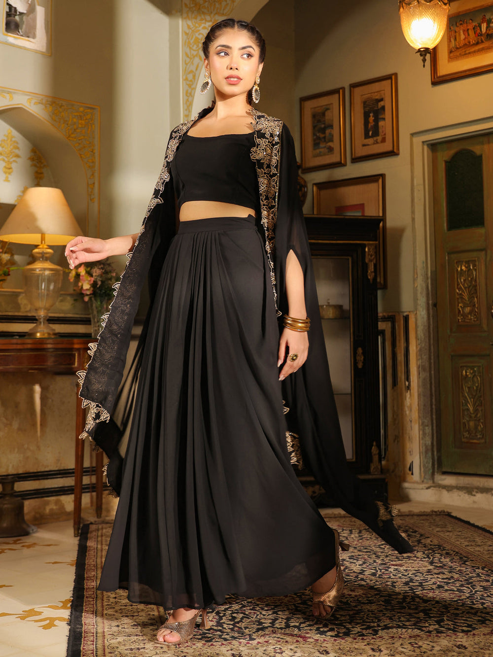 Black-Georgette-Solid-Sleeveless-Lehenga-Set