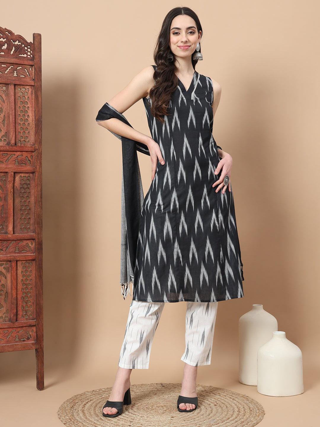 Black-Cotton-Ikat-Print-A-Line-3-Piece-Kurta-Set