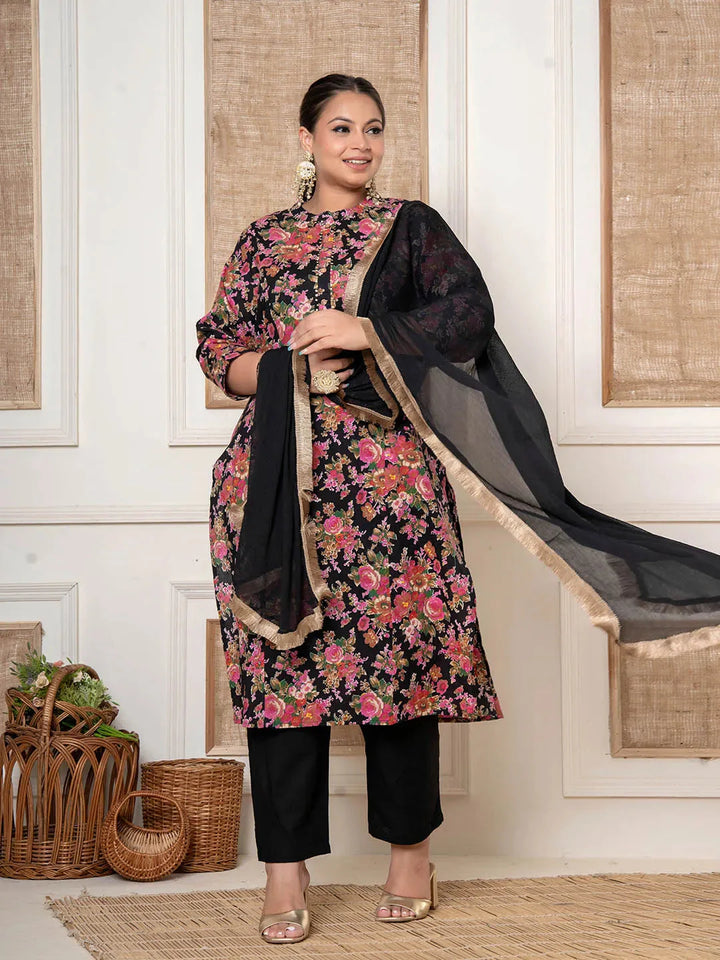 Black-Cotton-Plus-Size-Kantha-Work-3-Piece-Kurta-Set