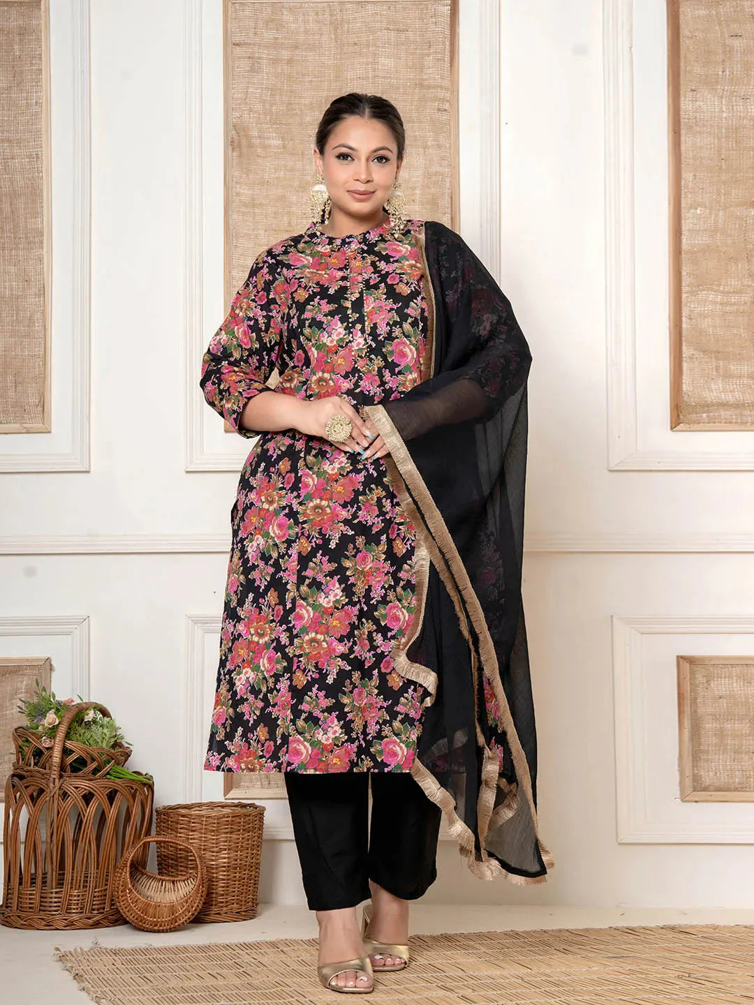 Black-Cotton-Plus-Size-Kantha-Work-3-Piece-Kurta-Set