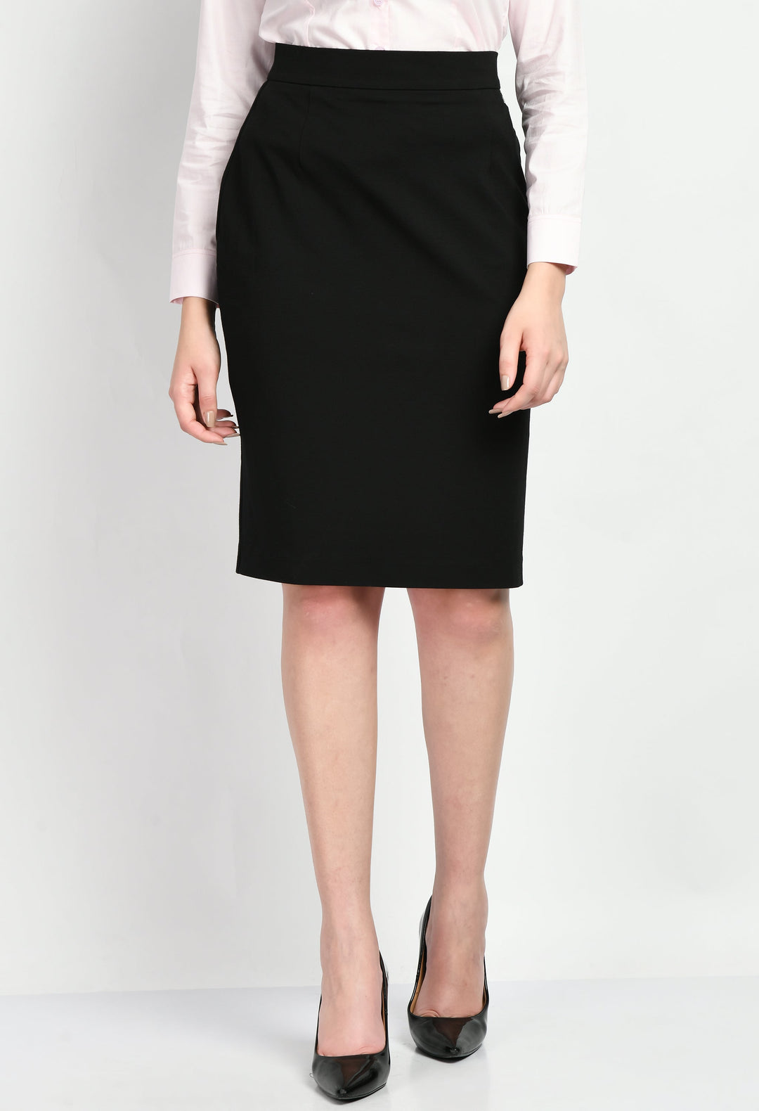 Black-Leadership-Solid-Stretch-Pencil-Skirt