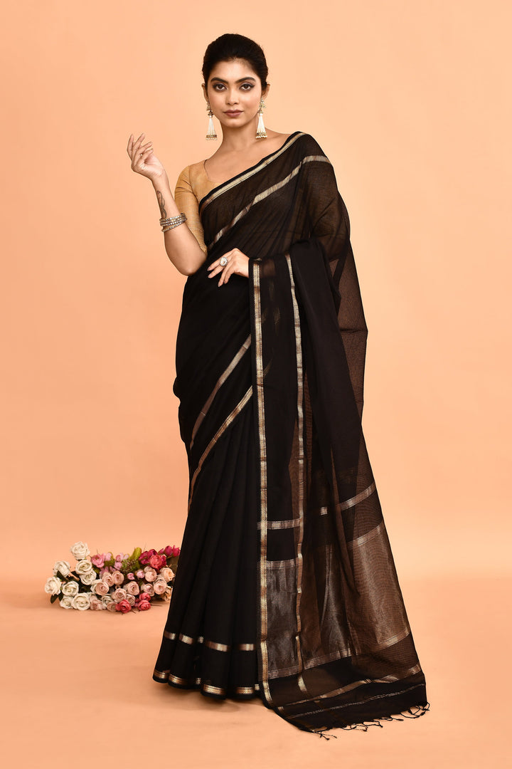 Black-Maheshwari-Double-Border-Check-Saree