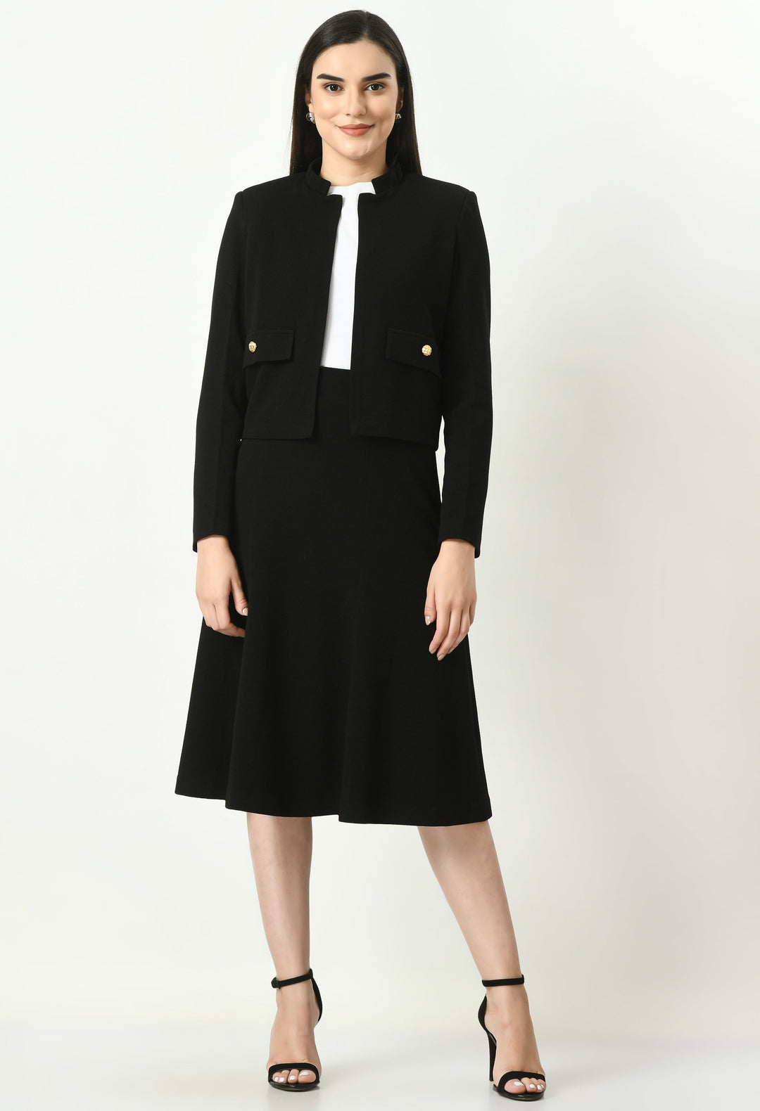Black-Mandarin-Collar-Blazer-With-Midi-A-Line-Skirt