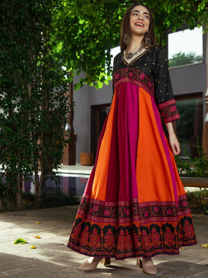 Black Multicolour Long Kalidaar Dress