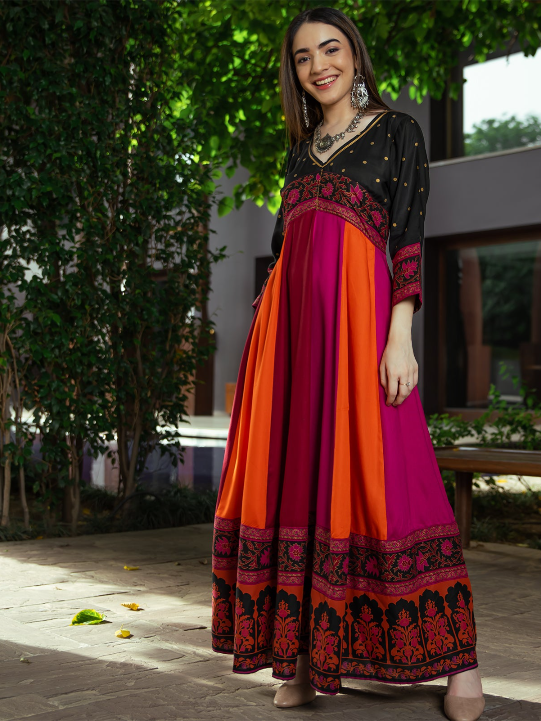 Black Multicolour Long Kalidaar Dress