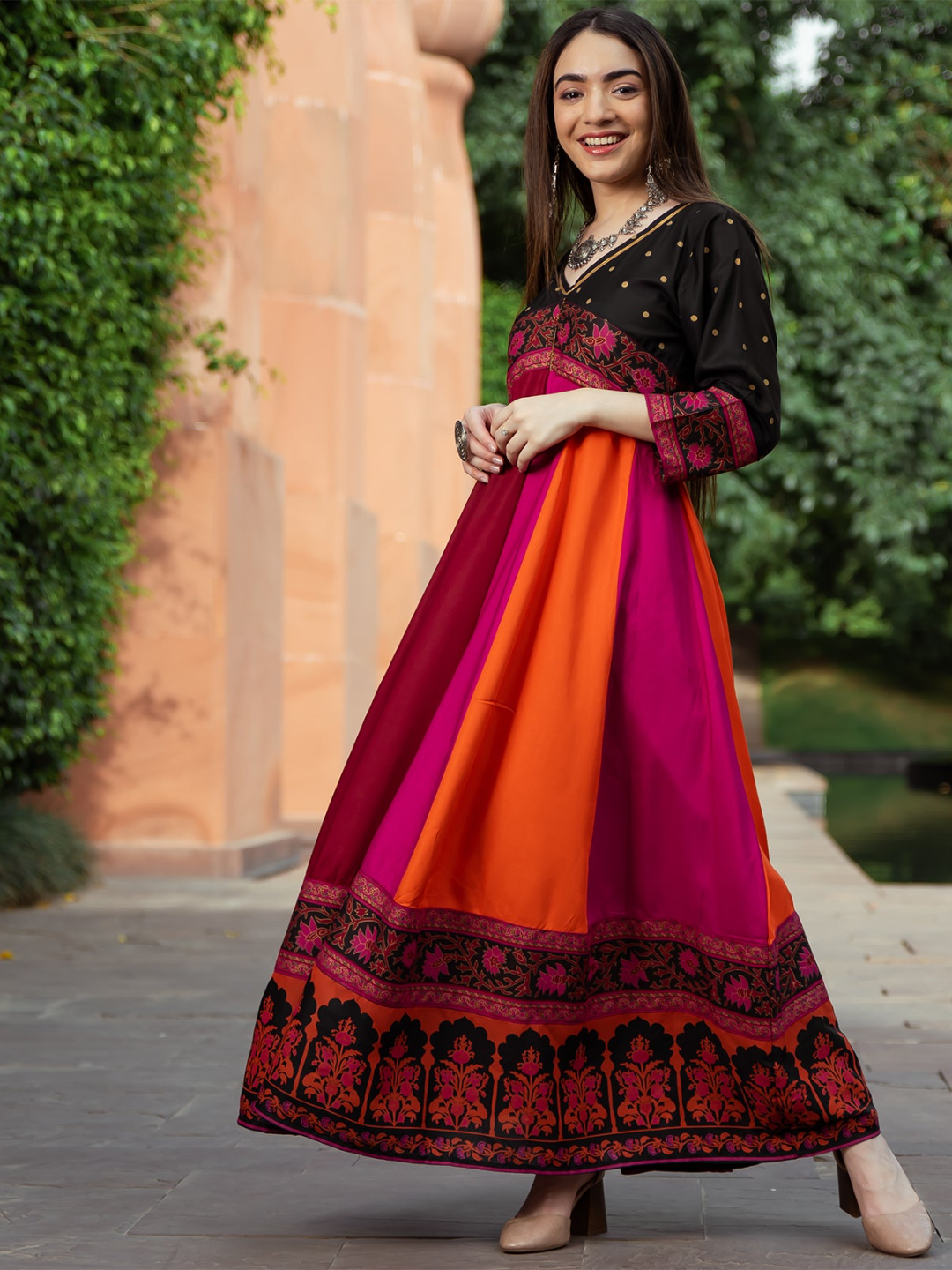 Black Multicolour Long Kalidaar Dress