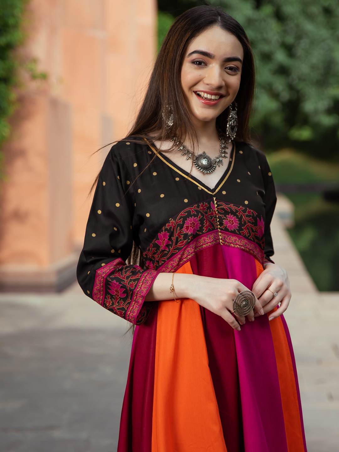 Black Multicolour Long Kalidaar Dress