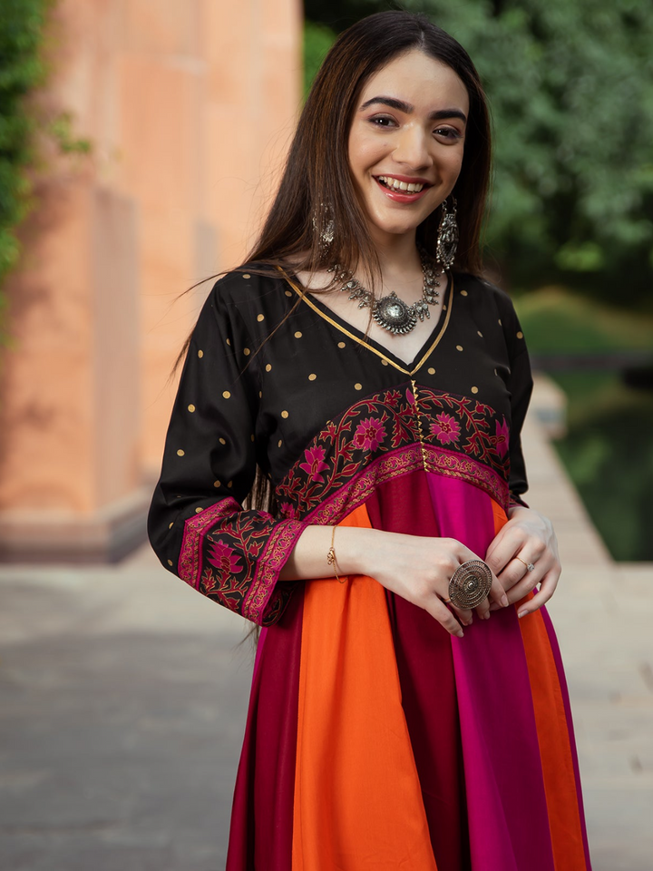 Black Multicolour Long Kalidaar Dress