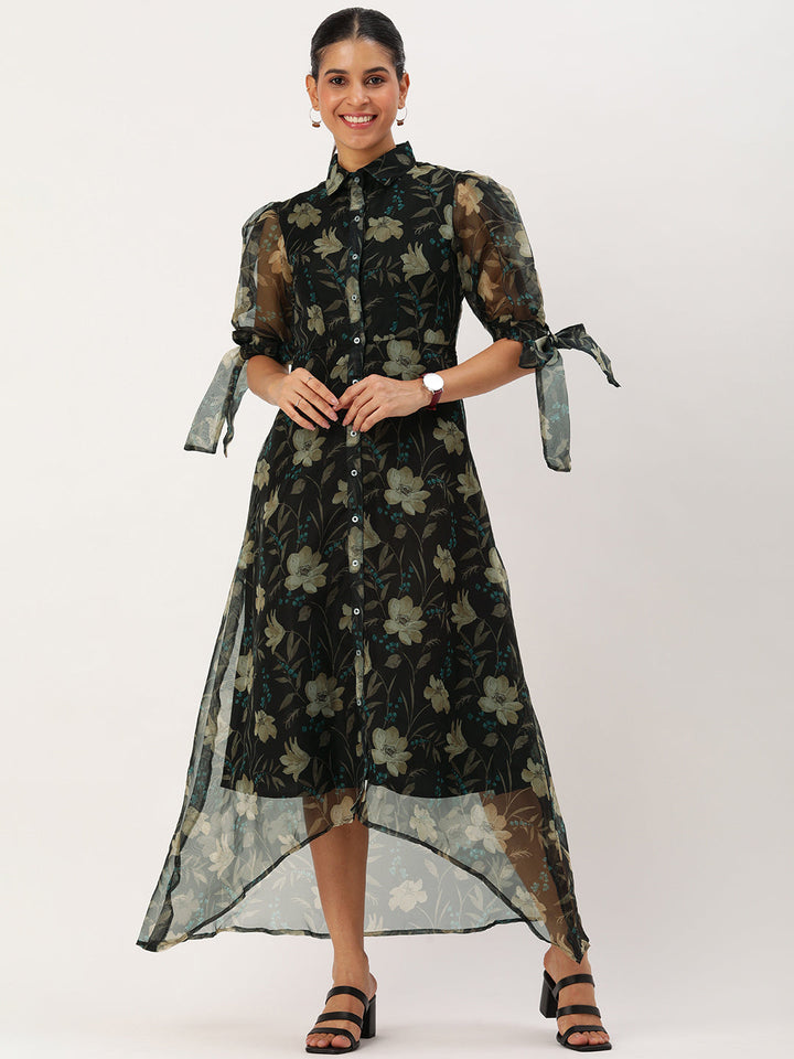 Black-Organza-Digital-Collar-Neck-Printed-Dress