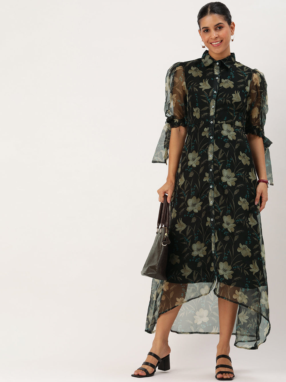 Black-Organza-Digital-Collar-Neck-Printed-Dress