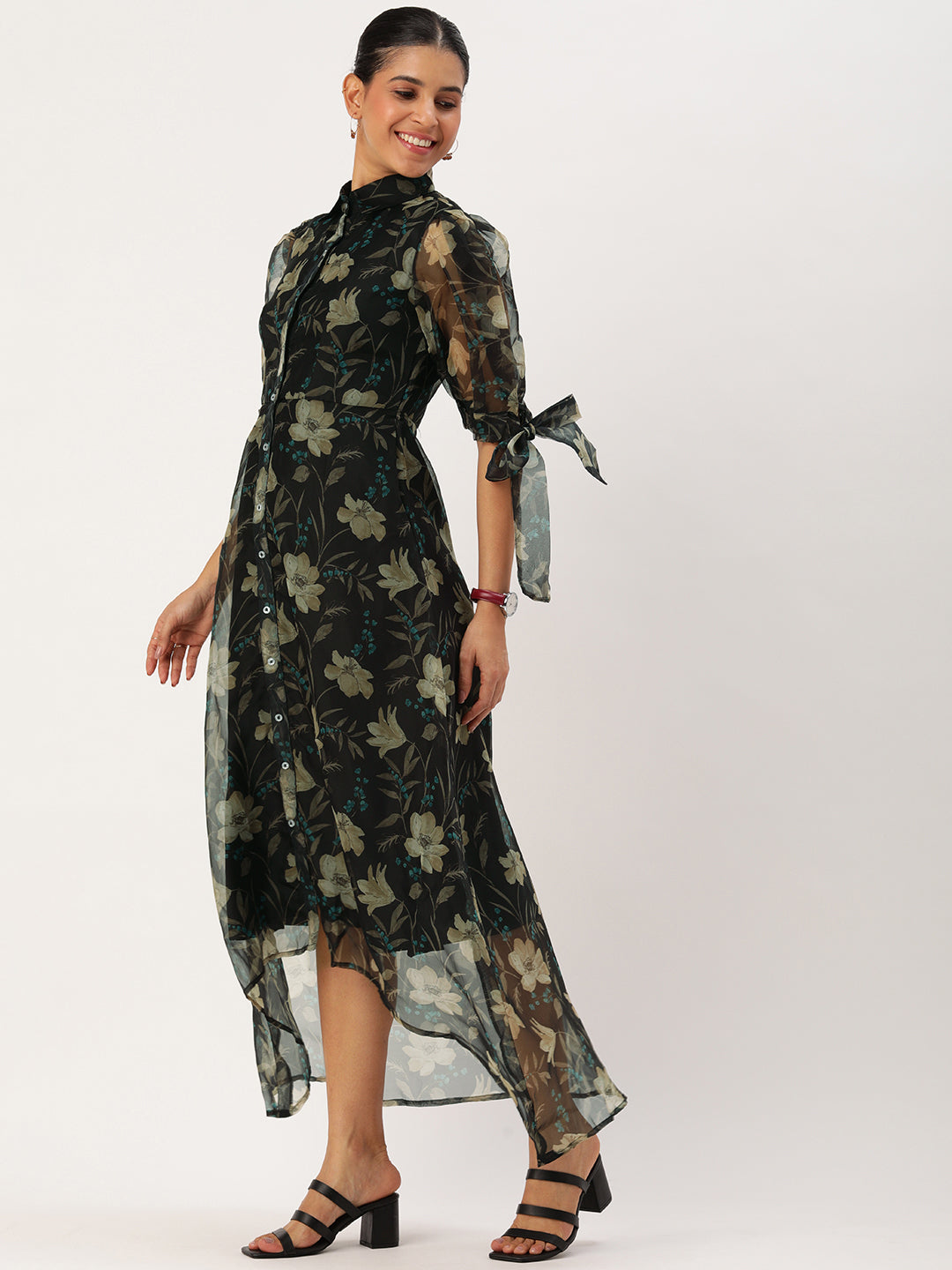 Black-Organza-Digital-Collar-Neck-Printed-Dress