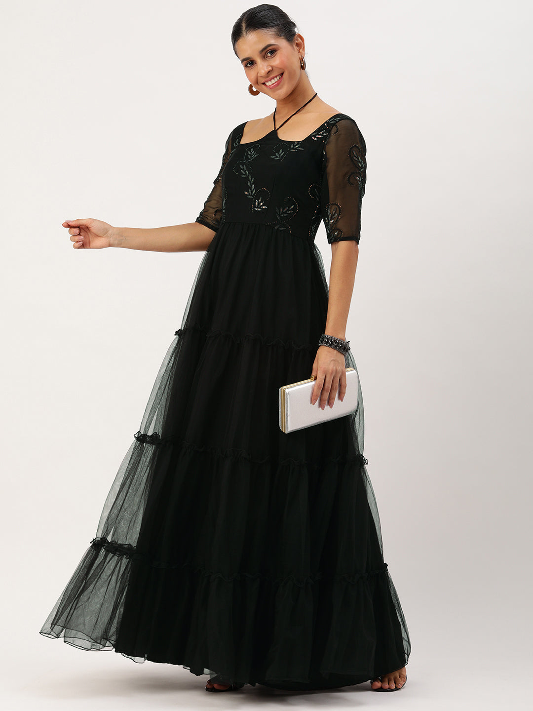 Black-Organza-&-Net-Elbow-Sleeve-Embroidered-Gown