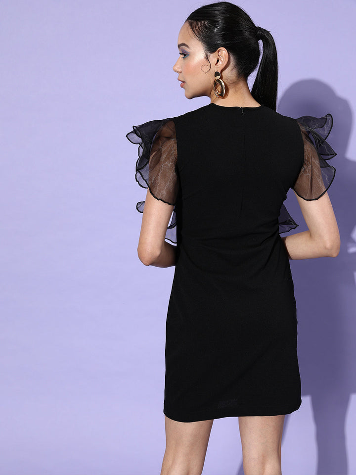 Black-Organza-&-Polyester-Lycra-Dress-With-Ruffles