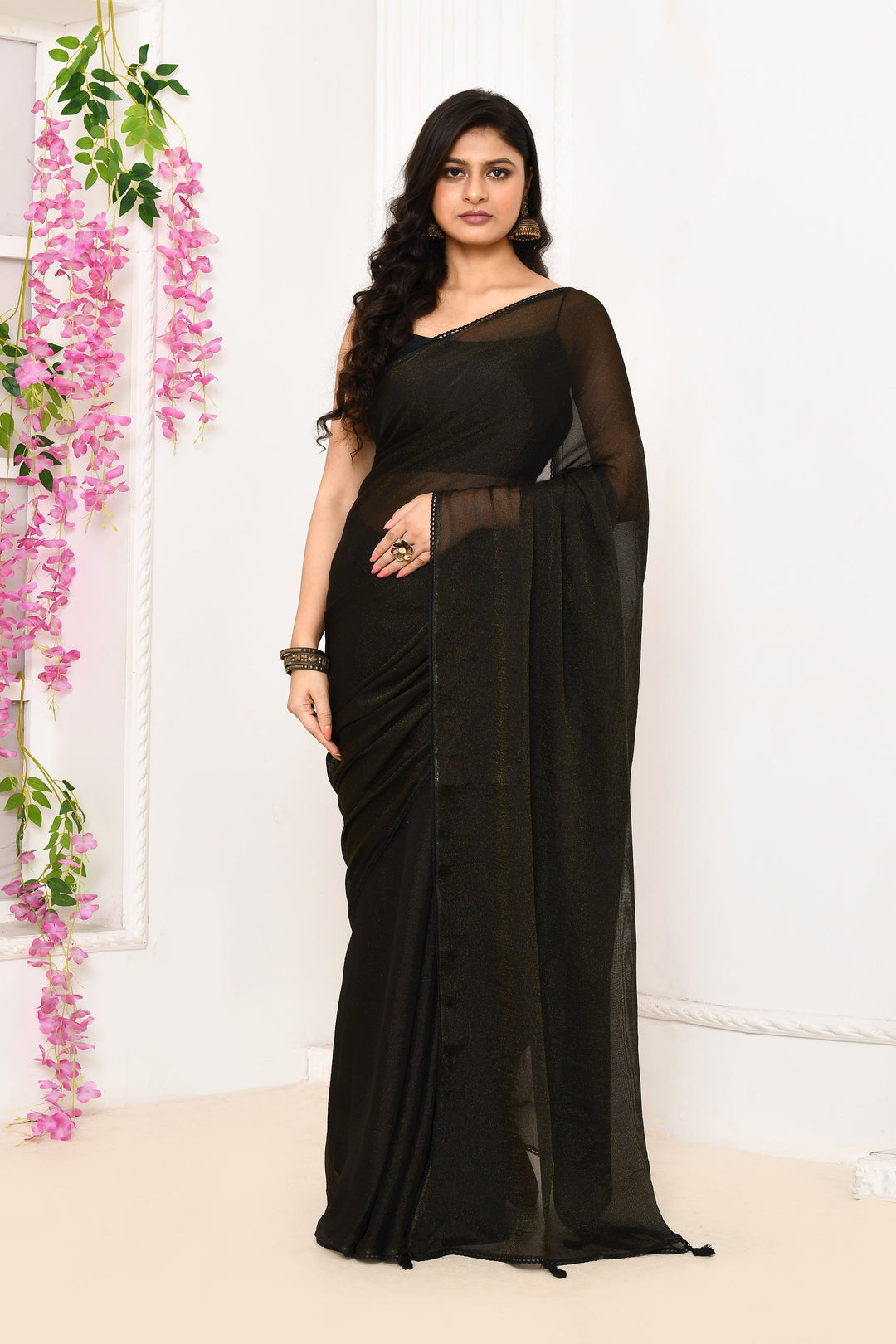 Black-Plain-Chiffon-Tissue-Saree