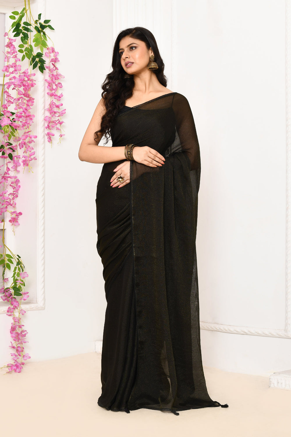 Black-Plain-Chiffon-Tissue-Saree