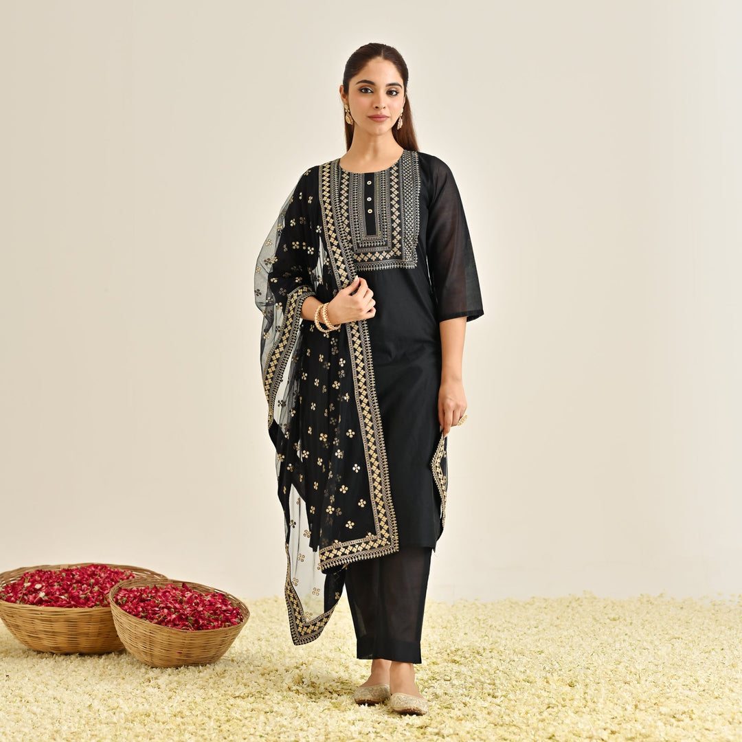 Black-Poly-Chanderi-Embroidered-3-Piece-Kurta-Set