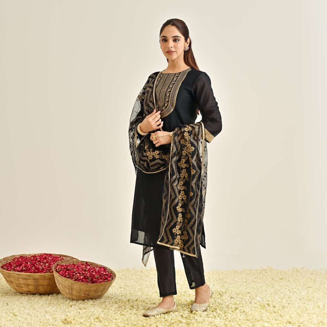 Black-Poly-Chanderi-Embroidered-Yoke-Detail-3-Piece-Kurta-Set