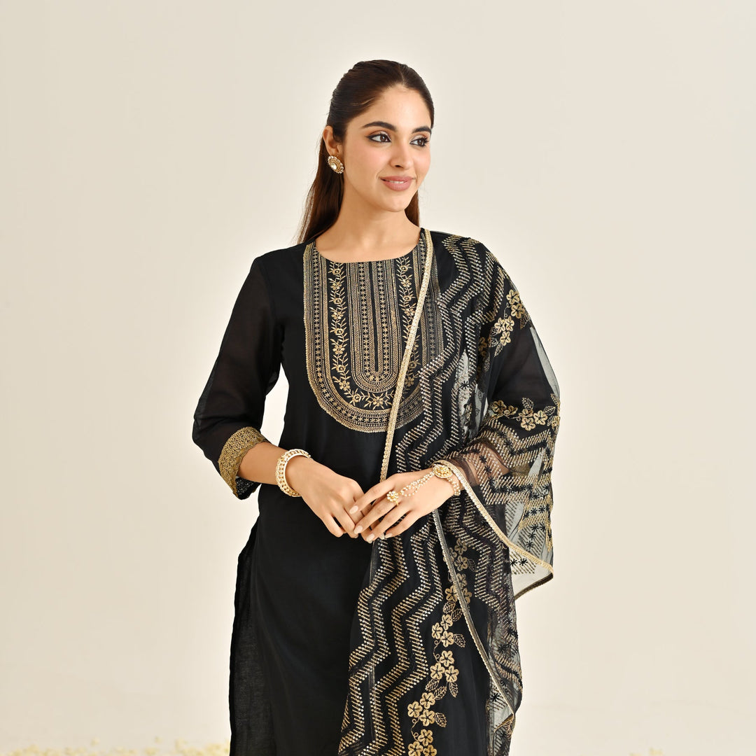 Black-Poly-Chanderi-Embroidered-Yoke-Detail-3-Piece-Kurta-Set