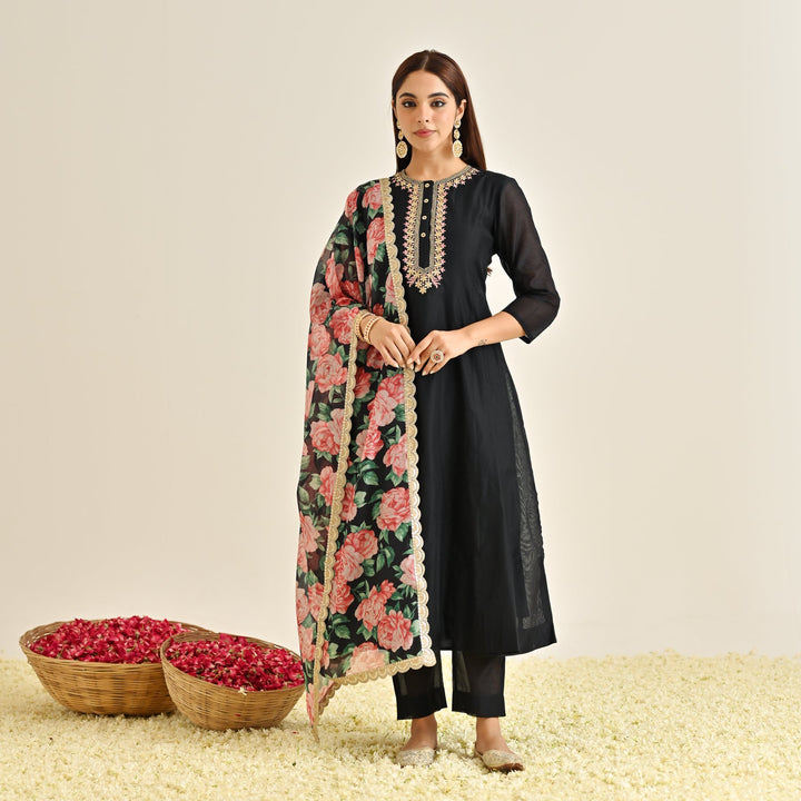 Black-Poly-Chanderi-Floral-Printed-Anarkali-Set