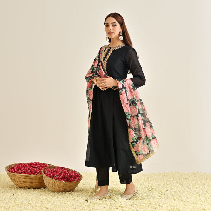 Black-Poly-Chanderi-Floral-Printed-Anarkali-Set