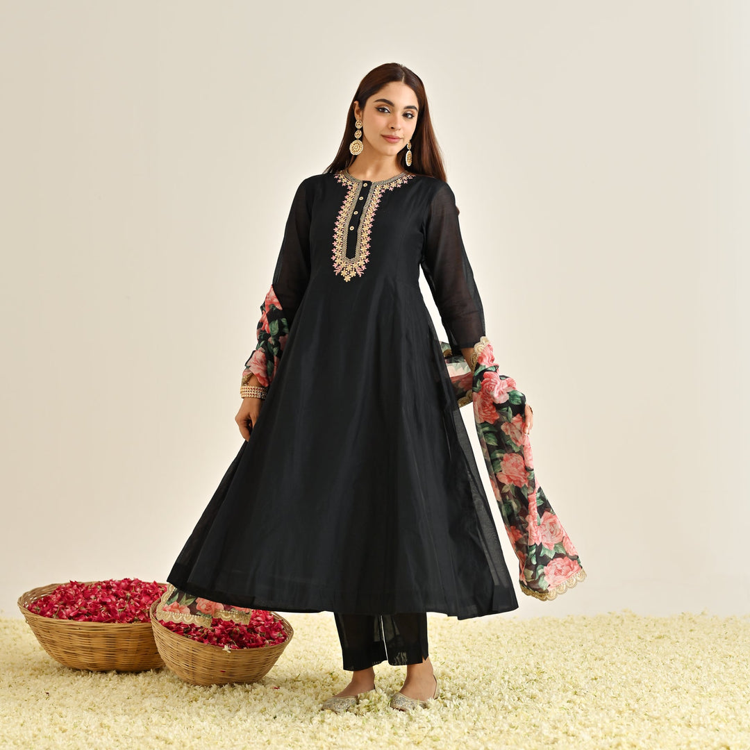 Black-Poly-Chanderi-Floral-Printed-Anarkali-Set