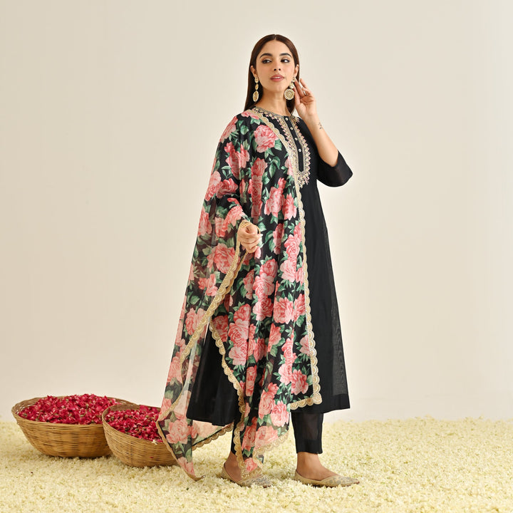 Black-Poly-Chanderi-Floral-Printed-Anarkali-Set