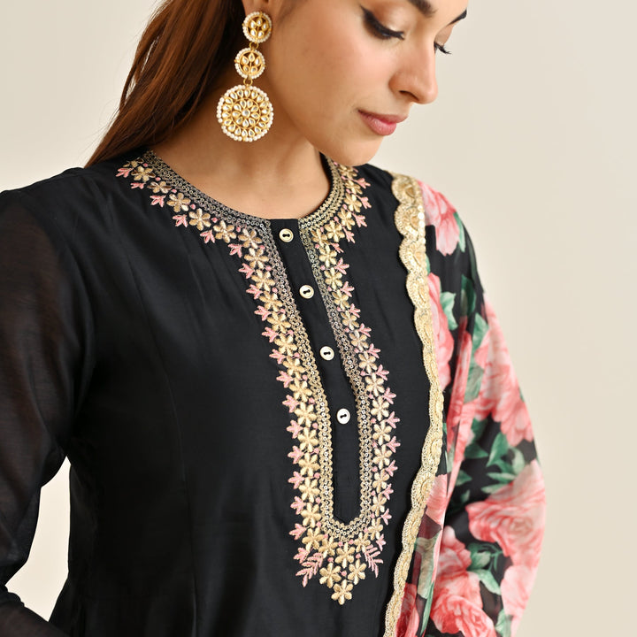 Black-Poly-Chanderi-Floral-Printed-Anarkali-Set