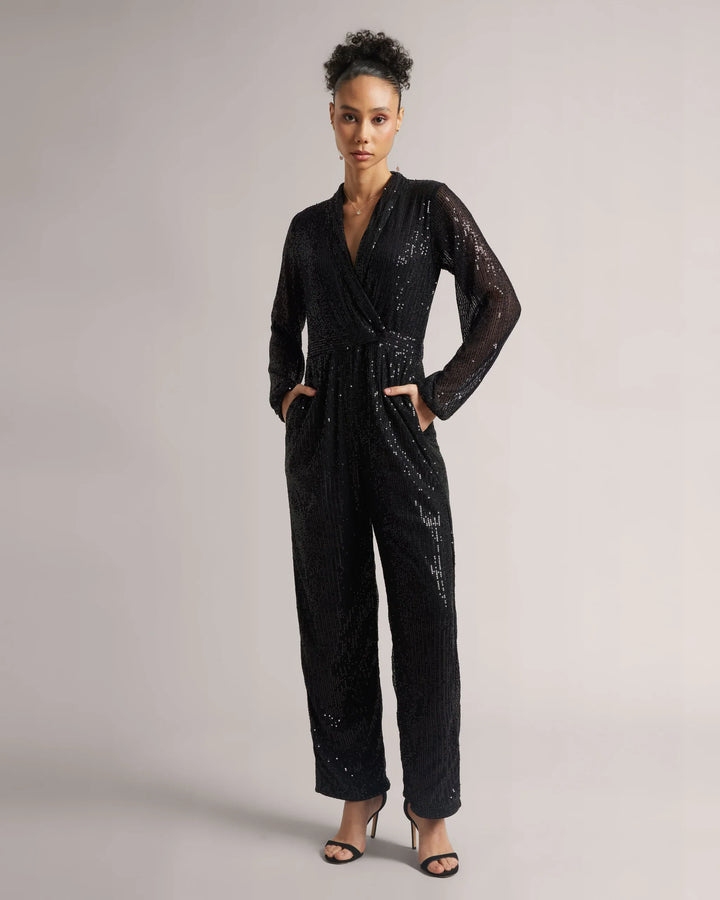 Black Poly Elastane Sequinned Party Jumpsuit