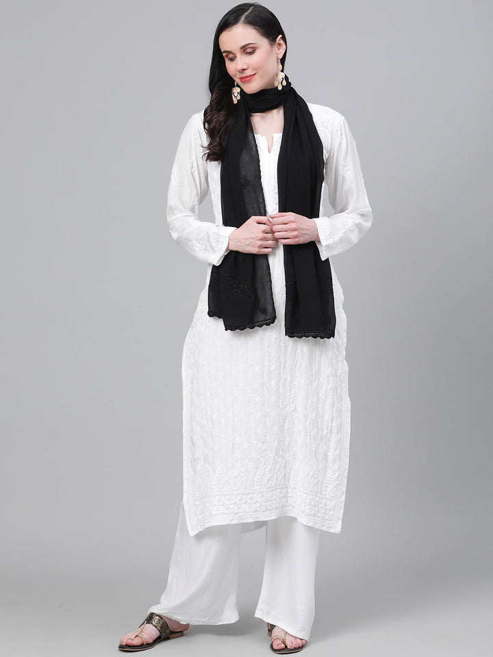 Black-Poly-Georgette-Floral-Chikankari-Handloom-Dupatta