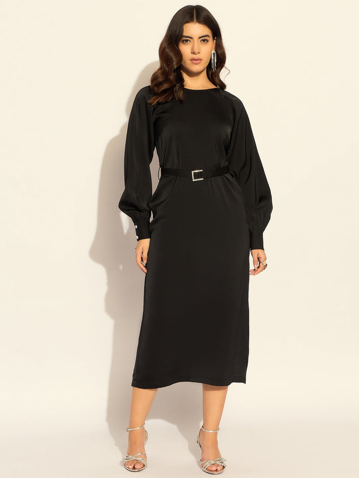 Black-Polyester-Chic-Semi-Fitted-Midi-Dress