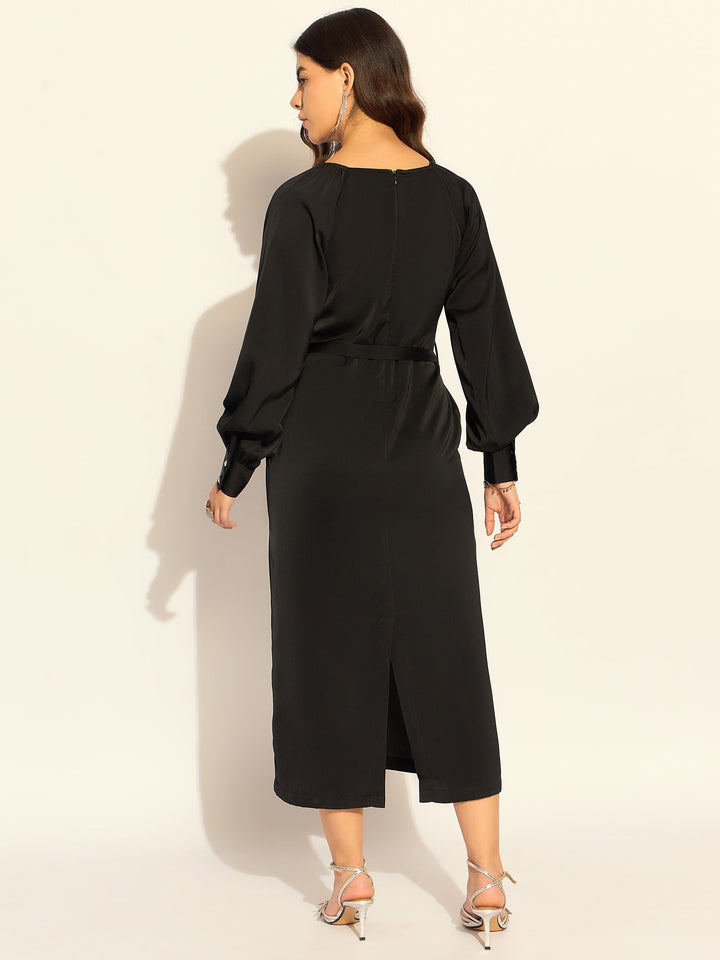 Black-Polyester-Chic-Semi-Fitted-Midi-Dress